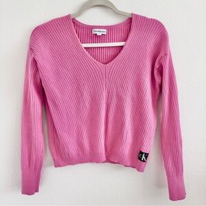 Calvin Klein Ribbed Open V Neck Pullover Long Sleeve Sweater Pink